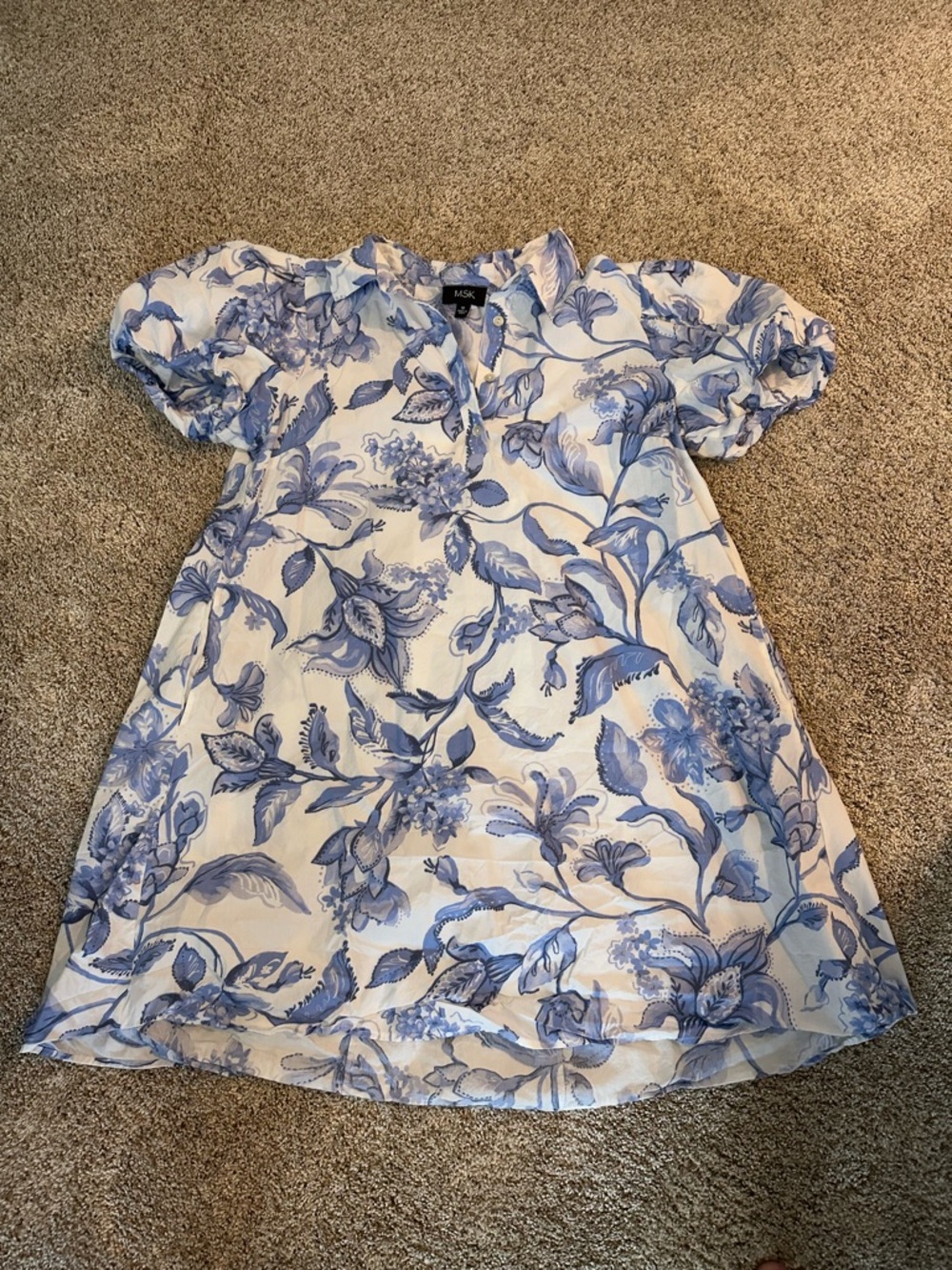 MSK White and Blue Watercolor Floral Button-Front Top